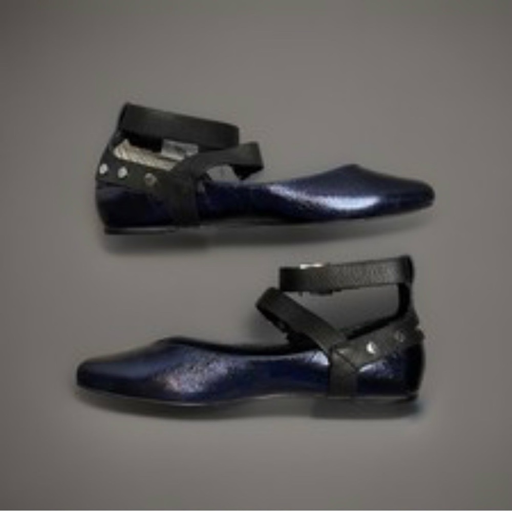 Rebecca Minkoff Vivica Metallic Navy Leather Ankle Strap Ballet $150 Size 10